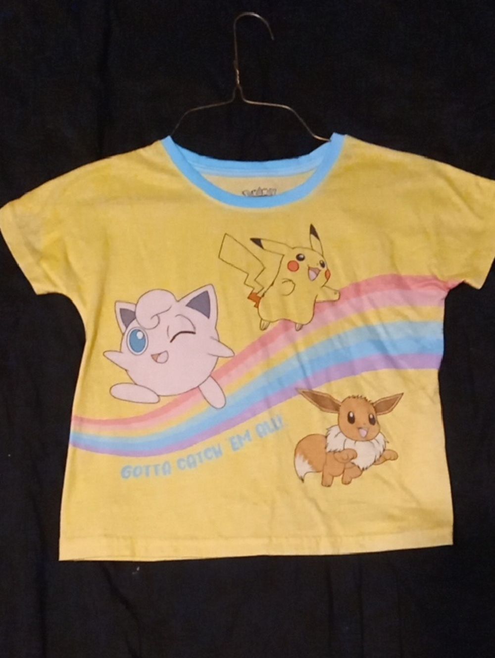 Pokemon Yellow Short Sleeve Tee with Blue Neckline & Pastel Rainbow